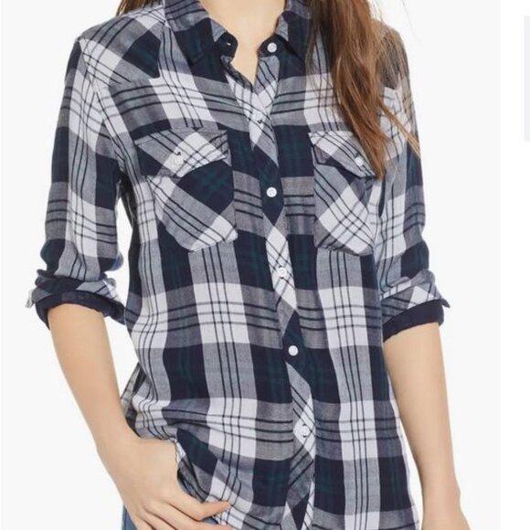 Rails Sz M Women's Kendra White Navy Forest Thick Lined Button Down Shirt - Picture 1 of 14